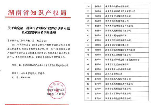 泰富入选第一批湖南省第一批知识产权保护创新示范企业