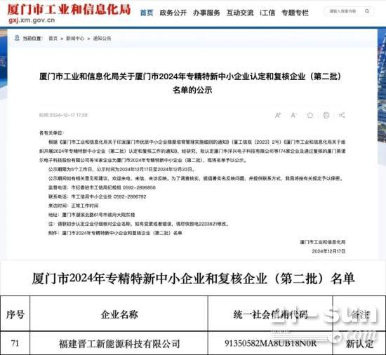 喜报丨晋工新能源通过厦门市2024年专精特新中小企业认定！