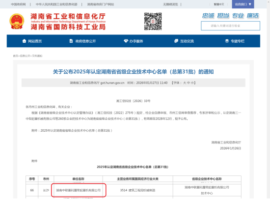 喜讯！湖南中联重科履带起重机有限公司获得第31批湖南省省级企业技术中心认定