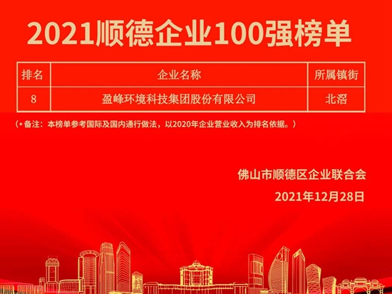 盈峰环境荣登“2021顺德企业100强”榜单